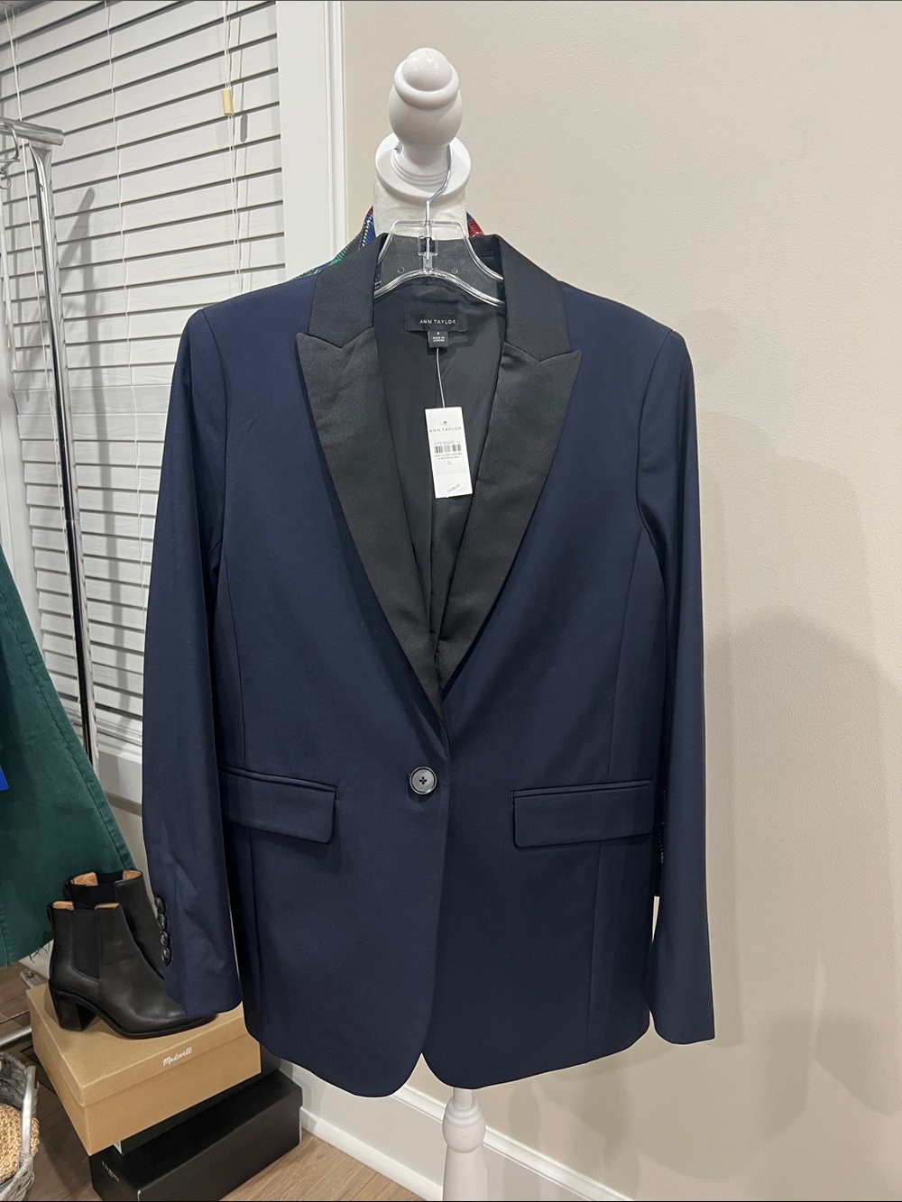 Ann Taylor Navy Blazer with Black Satin Lapel